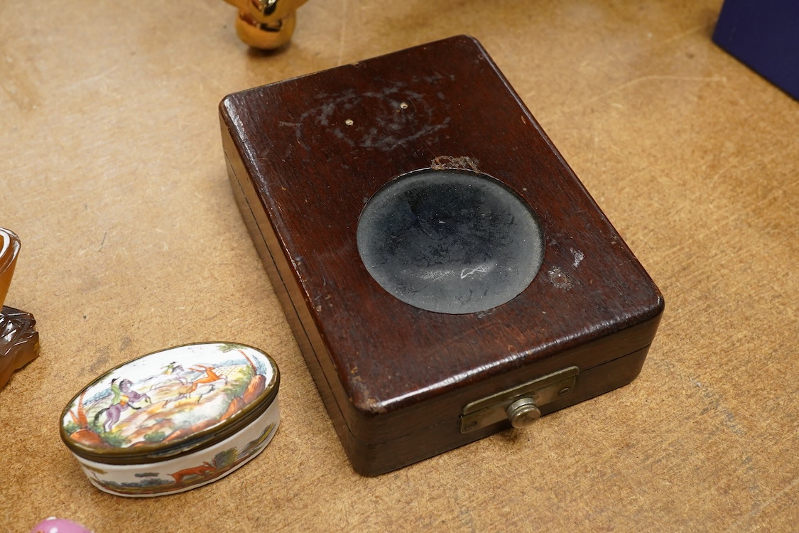 Two 19th century enamel boxes and two enamel shaped vessels, a hardstone elephant, etc.
